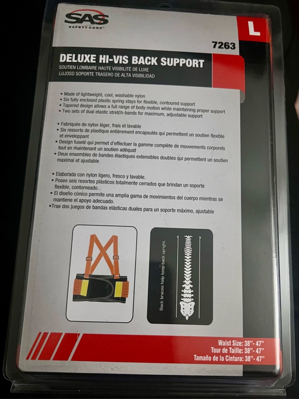 Sas 38"-47" Size Large Deluxe Hi-viz Back Support #7263